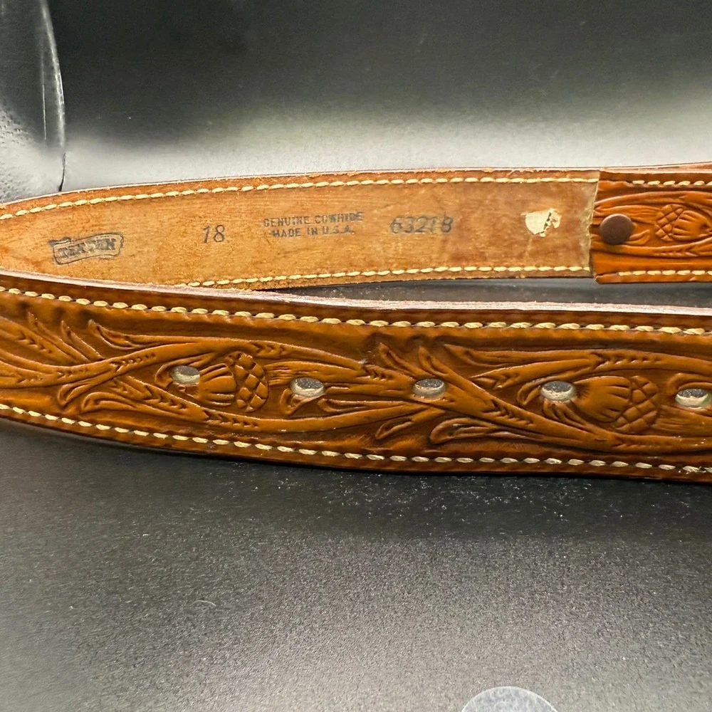 Vintage Kids Justin Tooled Leather Belt Western‎ Style Brown Made in USA